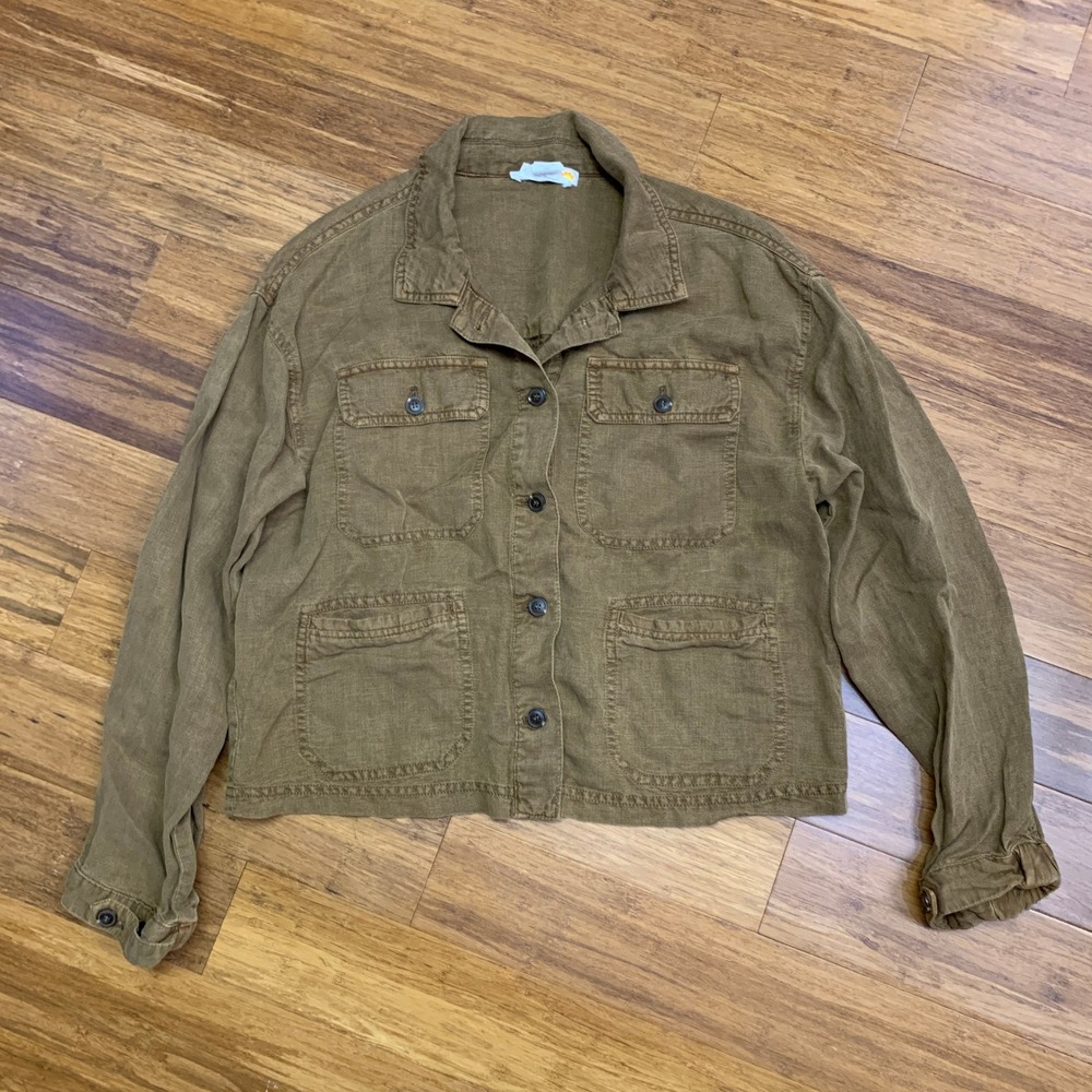 C&C California Linen Lyocell‎ Utility Jacket Women's M Brown Button Down Crop
